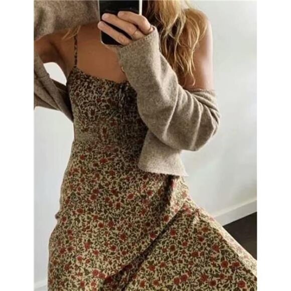 Women's Floral Dress Low-Cut Square Neck Spaghetti Strap Tie Bodycorn Dresses - Picture 8 of 8